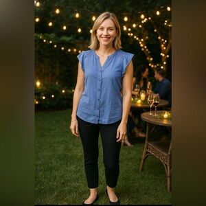 Style & Co light blue v-neck button-down, flutter sleeves, lace trim shoulders.